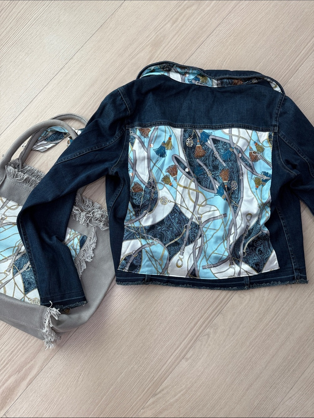 Stacy Bradley Denim Jacket & Matching Bag Set Size L Equestrian Scarf Print
